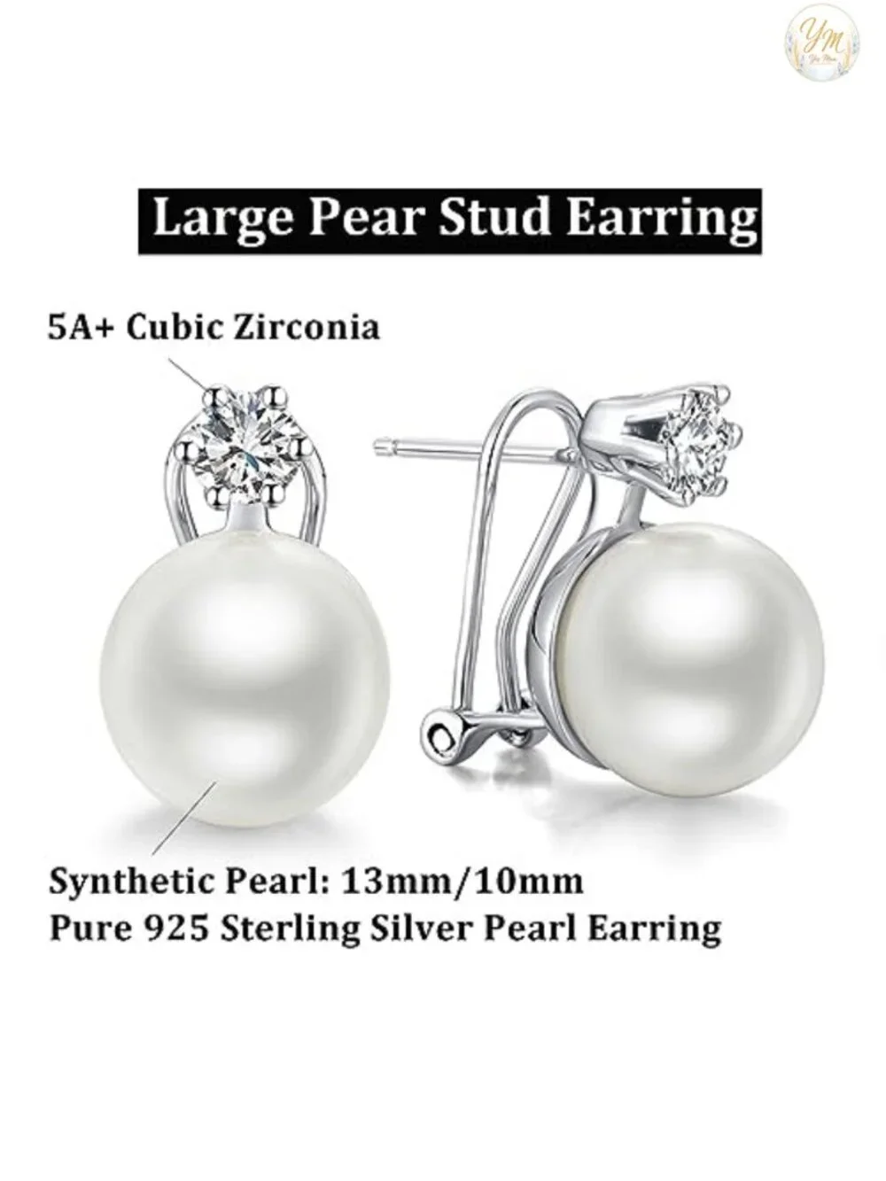 Pearl Stud Earrings for Women 925 Sterling Silver Rhodium Plated 8-13mm